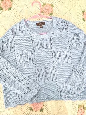 BCX Pale Blue Open-Knit Pullover Sweater